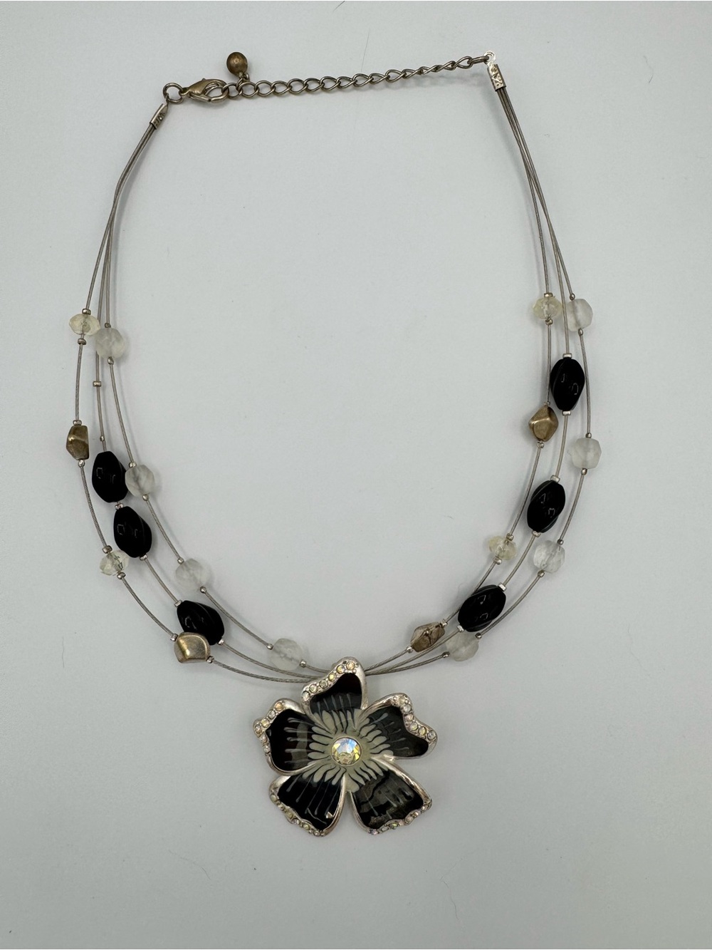 Multi-Strand Black Floral Pendant Necklace